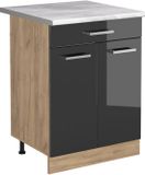 Vicco Keukenonderkast R-Line, Antraciet Hoogglans/Goudkleurig Eiken, 60 cm met lade marmer werkblad