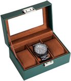 ProCase Horlogebox met 3 compartimenten, Horlogekast met glazen deksel, Horlogekast met horlogekussen, Horloge opbergruimte, Premium Horlogebox, PU leren horlogekast, Horlogebox voor heren - 3 compartimenten, Groen