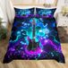 Ensemble de literie avec motif guitare électrique, 3 pièces, taille King, noir et violet