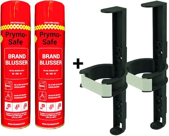 Prymosafe 2x Universele spray-blusser inhoud 760 ml 1 Brandblusser voor alle meest voorkomende beginnende branden inclusief 2 cliphouders