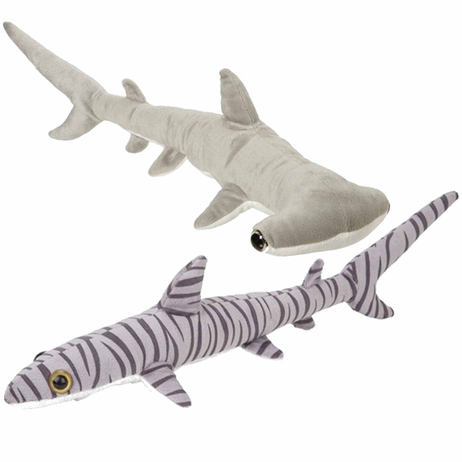 Nature Planet Set van 2 pluche haaien knuffels 60 cm - Hamerhaai & Tijgerhaai