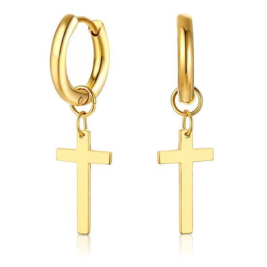 Mendes Lookinggoodtoday Goudkleurige Heren Oorringen met Kruis Hanger – RVS Oorbellen Set – Minimalistisch Stoer Design