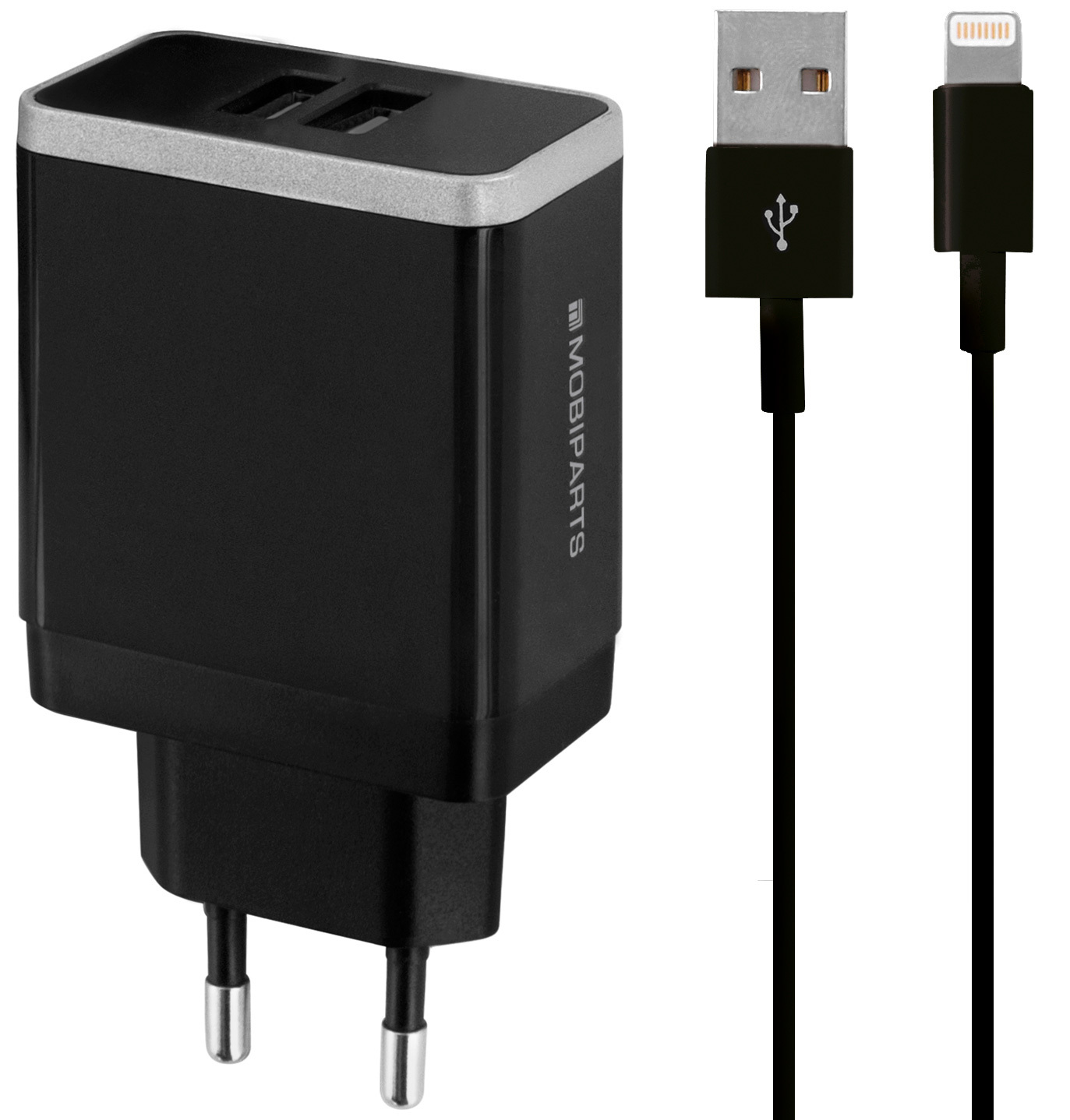 Mobiparts Wall Charger Dual USB 2.4A + Lightning Cable Black