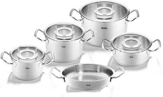 Fissler Originele Profi Collection / RVS kookpannenset, 5-delig, pannen met glazen deksel (3 kookpannen, 1 braadpan 1 serveerpan) - inductie