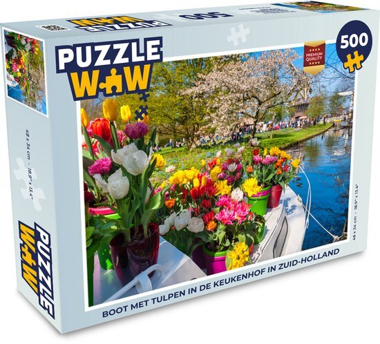 MuchoWow Puzzel Boot met tulpen in de Keukenhof in Zuid-Holland - Legpuzzel - Puzzel 500 stukjes - Sinterklaas cadeautjes - Sinterklaas voor grote kinderen