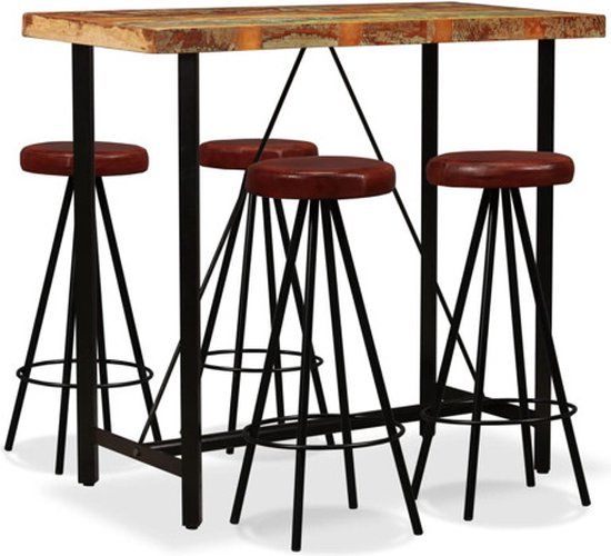 vidaXL Barset - massief gerecycled hout en echt leer - 5-delig - bruin