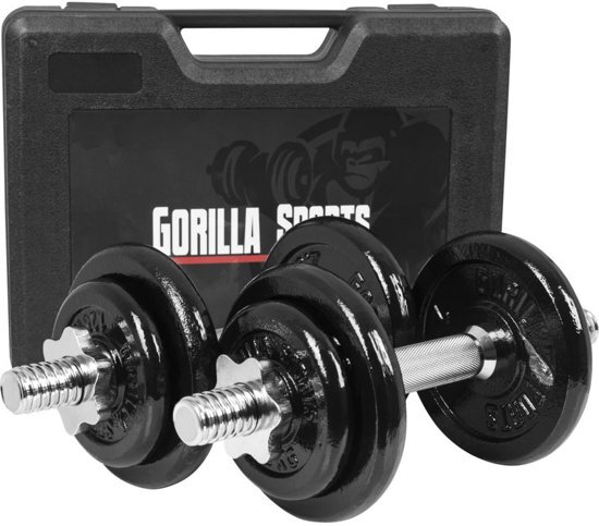 Gorilla Sports Dumbellset 20 kg Gietijzer incl. Koffer