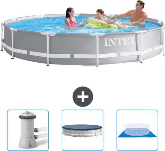 Intex Rond Prism Frame Zwembad - 366 x 76 cm - Grijs - Inclusief Zwembadfilterpomp - Afdekzeil - Grondzeil