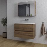 Saniclass Chaci Ensemble de meubles de salle de bain - 80x46x55cm - lavabo en céramique blanc - 1 vasque - sans trous de robinetterie - 2 tiroirs - armoire de toilette - noyer