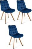 LEOBERT Set van 3 eetkamerstoelen SORIA - Donkerblauw fluweel - Eiken poten - Modern design