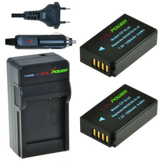 ChiliPower 2 x EN-EL20 accu's voor Nikon - inclusief oplader en autolader 2 x EN-EL20 accu's voor Nikon - inclusief oplader en autolader