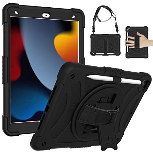 YuanLu Hoesje voor iPad 9e/8e/7e generatie, hoesje voor iPad 10,2-inch 2021/2020/2019 met potloodhouder Kickstand Hand/Schouderriem Beschermende Tablet Cover - Zwart