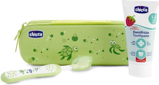 Chicco Oral Set incl. Tandenborstel en Tandpasta aardbei met flouride groen