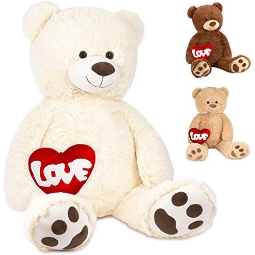 BRUBAKER XXL Teddybeer 100 cm Wit met een Love Hartje Knuffel Pluche Knuffeldier