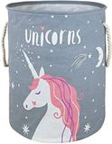 VAIVUSTO Ronde wasmand waterdicht canvas grote kledingmand wasmand met touwgrepen schattige cartoon kinderkamermand voor kinderkamer speelgoed opslag meisjeskamer decor (grijze eenhoorn)