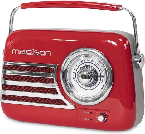 Madison FREESOUND-VR40R - - 30W Vintage Lange Batterij Radio met Bluetooth, USB en FM - Rood