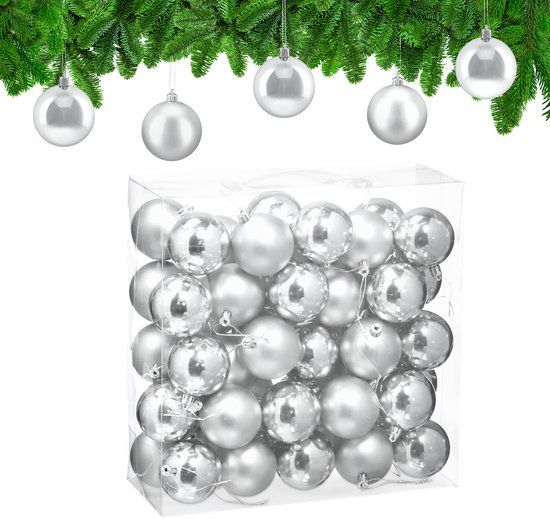 Relaxdays set van 50 kerstballen kunststof mat glanzend Ø 6 cm zilver kerstboom decoratie