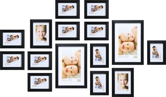 Deknudt Frames Fotowand zwart 15 fotokaders S41VH2 met handige meetlat voor plaatsing. 11x 10x15cm 2x 13x18cm 2x 20x30cm fotomaat 0x0 cm