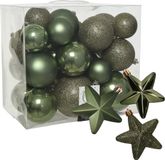 Decoris Boules de Noël et Étoiles - 32x pièces plastique - mix 6, 8, 10 cm - vert mousse