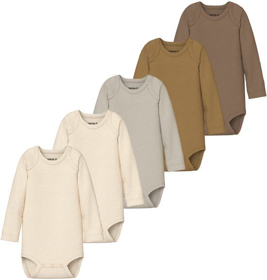 NAME IT NBNBODY 5P LS SOLID RIB NOOS - Baby - Bodies - Coca Mocha - Maat 92 - Katoen - Set van 5