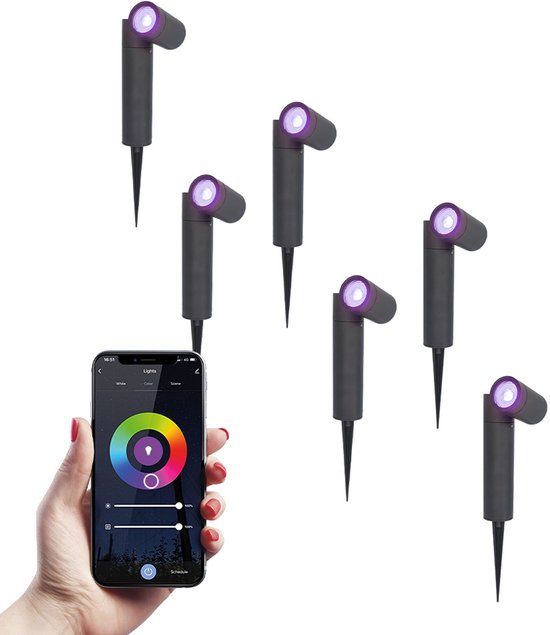 HOFTRONIC SMART 6x Pinero smart LED prikspots - RGBWW - WiFi & Bluetooth - GU10 fitting - Kantelbaar - Dimbaar via app - Tuinspot - Pinspot - Slimme verlichting - Google assistant & Amazon Alexa - IP65 voor buiten - Zwart