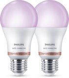 Philips Smart Lighting LED lamp - Gekleurd en instelbaar wit licht - RGB - Dimbaar - 2 pack - E27 fitting - Standaard lampvorm: A60 - 13W - Werkt met de WiZ app