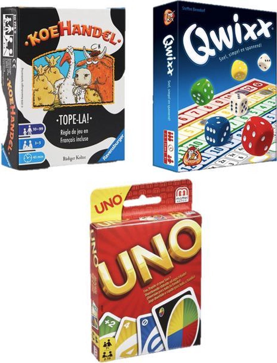 Mattel Games Mega Spelvoordeelset Ravensburger Koehandel & Uno - Kaartspel & Qwixx - Dobbelspel