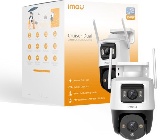 Imou Cruiser Dual 10MP - Beveiligingscamera Voor Buiten - Wit - Camera Met Verstelbare Dubbele Lens (2 x5MP) - 360&#176; Dekking - Accurate Persoons- En Voertuigdetectie - Nachtzicht Continue In Kleur - Sirene - IP66 Bestemd Tegen Zware Weeromstandigheden