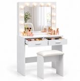 Merkloos Relaxdays Kaptafel met kruk - met spiegel en verlichting - wit