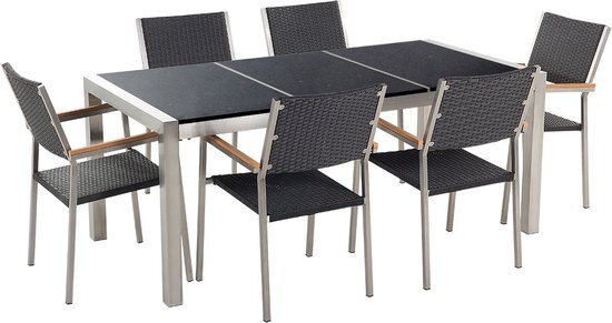 Beliani Tuinset gepolijst graniet/RVS zwart driedelig tafelblad 180 x 90 cm met 6 stoelen zwart rotan GROSSETO