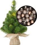 Merkloos / Sans marque Billiet - Vanlaere Mini kunst kerstboom - H45 cm - met verlichting en kerstballen - champagne - kunstboom