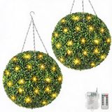 GarveeTech Kunstmatige topiaire ballen voor decoratie, 2 stuks, realistische groene planten, 8 verlichtingsmodi, werkt op batterijen/USB, inclusief afstandsbediening, voor binnen, tuin, bruiloft