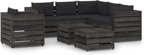 The Living Store Pallet Loungeset - Grenenhout - 6-delig - Zwart