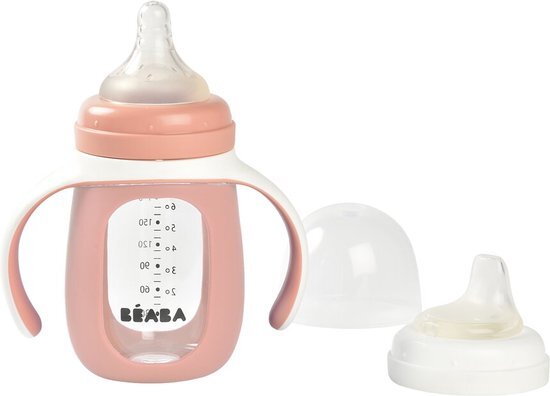 B&#233;aba Trainingsfles 2-in-1 - Glazen waterfles met siliconen hoes - Roze - 210ml