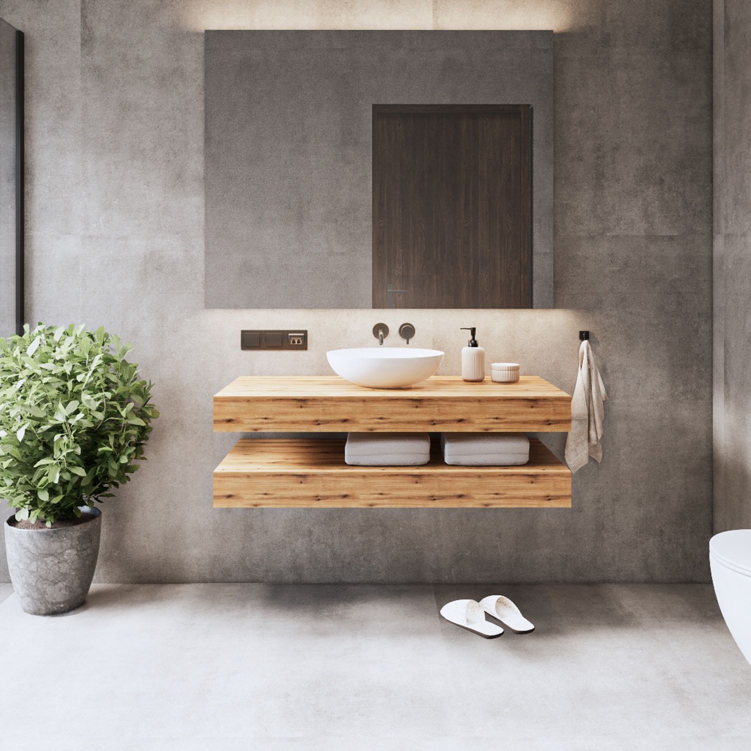 Gliss Design Wastafelbladset gliss design topdek 2x 100x46 cm ruw natuur incl. 4 ophangbeugels met waskom