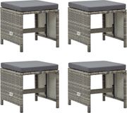 Tabouret de jardin 4 pcs avec coussins poly rotin gris