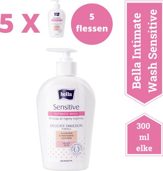 Bella Sensitive Intimate Wash met delicate emulsieformule (300 ML - 1 fles),pak van 5 combo, onaangename geurtjes en ander intiem ongemak, Voordeelverpakking