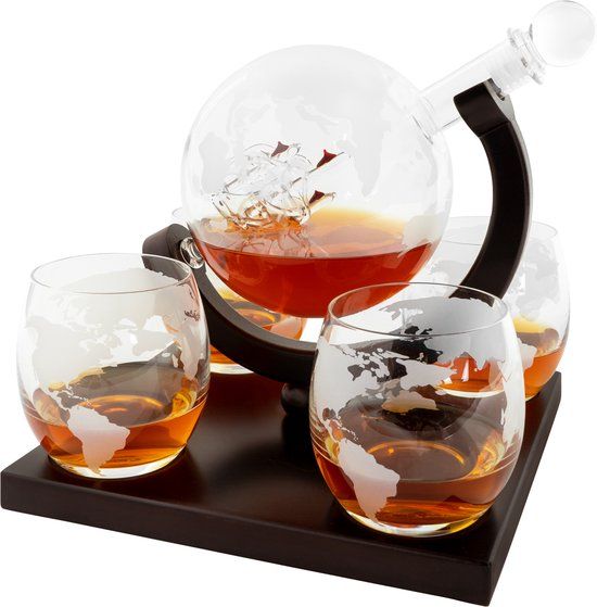 Aretica Whiskey karaf met 4 glazen - Glas en Hout