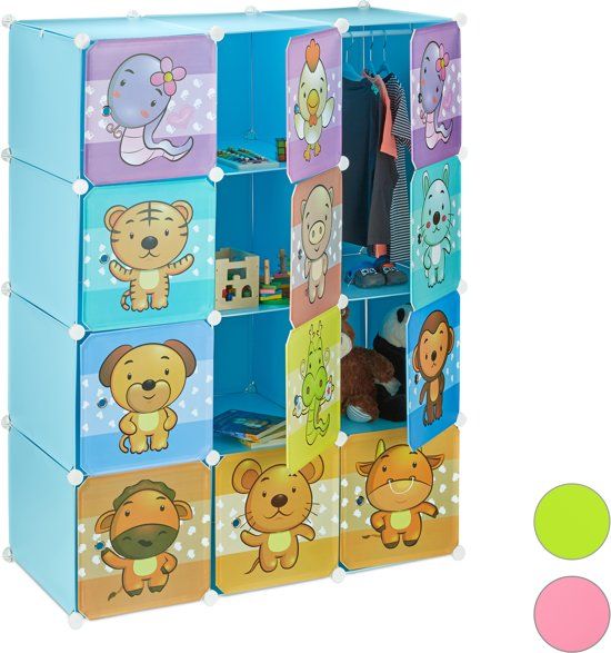 Relaxdays Kinderkast met diermotieven - Kinderkamer kledingkast - Kunststof klikverbinding blauw
