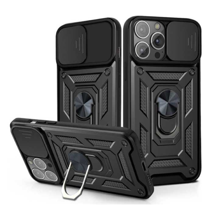 Huikai Huikai iPhone 14 Pro Max - Armor Hoesje met Kickstand en Camera Bescherming - Pop Grip Cover Case Zwart