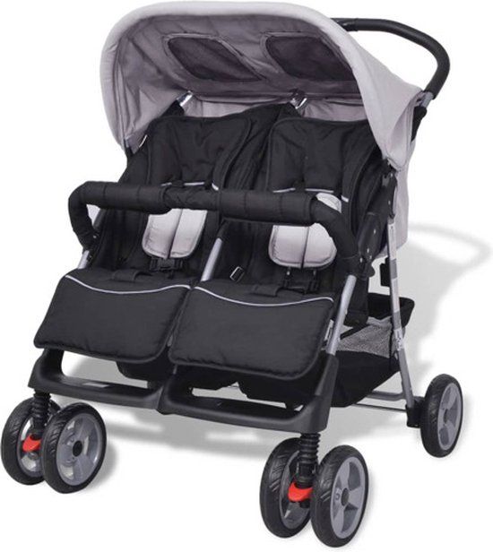 vidaXL Tweelingwagen - Staal - Grijs/Zwart - 6+ maanden - 30 kg - All-terrain
