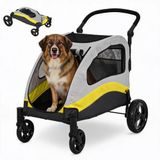 IDEALHOUSE Heavy-Duty XL hondenwagen/hondenbuggy voor grote honden tot 75 kg, extra brede cabine, 5-zijdig mesh, schokabsorberende 360° wielen, rem, opvouwbaar met 1 klik, verstelbare handgreep, geel
