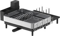 SONGMICS Afdruiprek, uitbreidbaar afdruiprek, roestvrijstalen keukenafdruiprek met draaibare uitloop, gebruiksvoorwerp, beker, glas, snijplank en panhouders, zilver en zwart
