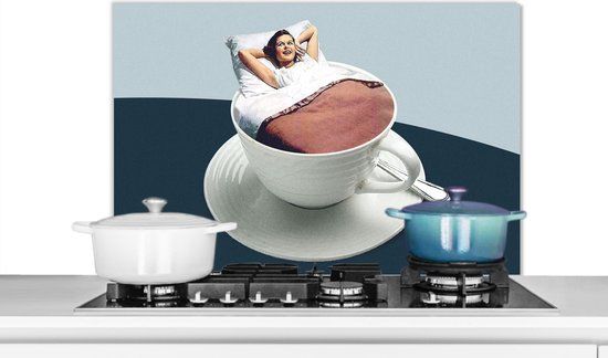 KitchenYeah Spatscherm keuken - Vrouw - Koffie - Vintage - Koffiekopje - 80x55 cm - Aluminium