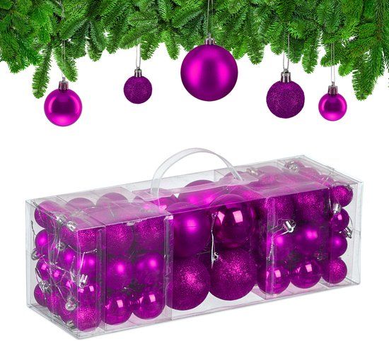 Relaxdays Kerstballen set van 76, kunststof, glanzend en mat, 3 formaten, onbreekbaar, paars