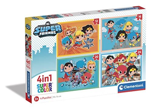 Clementoni 21520 Supercolor 4-in-1-Dc Superfriends-puzzel, 12, 16, 20, 24 delen vanaf 3 jaar, kleurrijke kinderpuzzel met bijzondere helderheid, behendigheidsspel voor kinderen