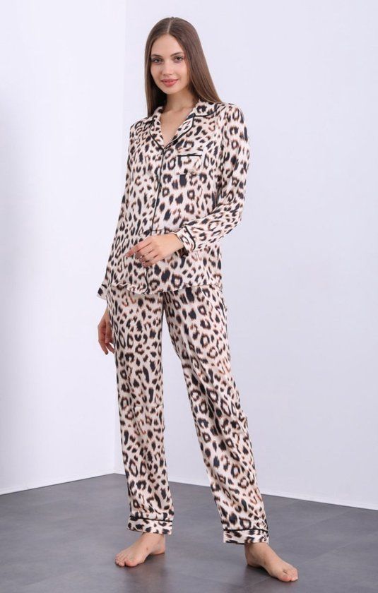 Satijn Dames Pyjama Set - Luipaard Print - Lange Mouw - Beige - Maat S