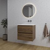 Saniclass Chaci Badkamermeubelset - 60x46x55cm - keramische wastafel wit - 1 wasbak - zonder kraangat - 2 lades - ronde spiegel met verlichting - noten