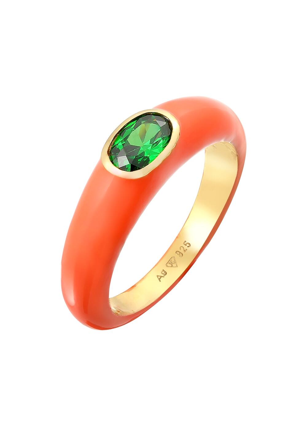 Elli Elli Elli Ring Dames Eenzaam Ovaal met Email Oranje en Zirkonia Kristal Groen in 925 Sterling Zilver Verguld Ringen