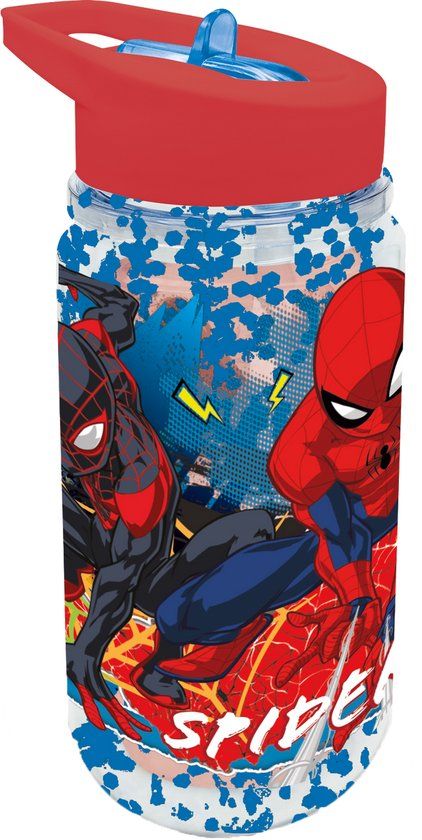 Stor Marvel's Spider-Man Tritan Drinkfles – 330 ml – Met glittereffect – Vaatwasserbestendig & BPA-vrij - Drinkfles met rietje voor kinderen – Transparant blauw/Rood
